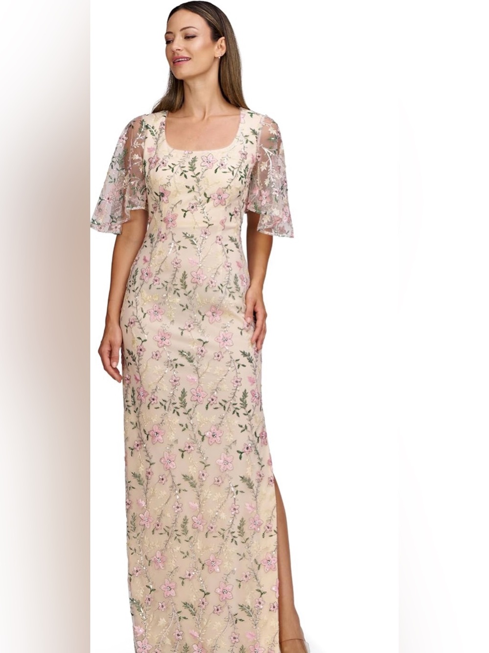 JS Collections Cream Maxi Gown with Pink Floral Embroidery